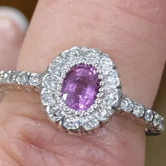 14k GENUINE Pink Sapphire & Diamond Halo Ring - Picture 3 of 15